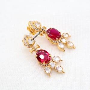 Blood Ruby & Moissanite Wedding Earrings 925 Sterling Silver 14K Gold Plated Sliced July Birthstone Ruby Earrings Handcrafted Jewelry