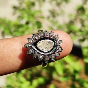 Uncut Polki & Pave Diamond Ring 925 Sterling Silver 14K Gold Plated Victorian Fine Silver Ring Gift For Her Christmas Gift