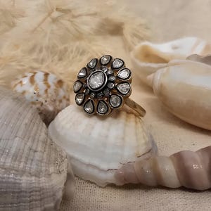 Anniversary Ring Polki & Pave Diamond 14K Gold Plated 925 Sterling Silver Vintage Style Wedding Band