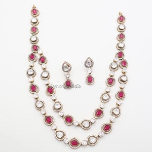 Ruby Moissanite Necklace Earring Set: 925 Sterling Silver 14K Gold Plated Indian Style