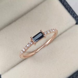 Baguette Black Onyx Ring: Rose Gold Sterling Silver Moissanite Wedding Ring