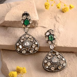 Echte Smaragd & Moissanit Tropfen Ohrring / 925 Sterling Silber / Grüne Smaragd Diamant Ohrringe / Personalisierte Indische Ohrringe / Für Sie