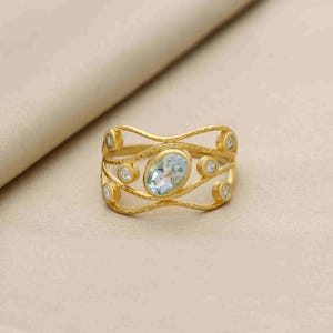 Aquamarine Anniversary Ring: Vintage 14K Gold Plated 925 Sterling Silver