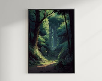 Póster de paisaje forestal estilo anime, arte relajante de la naturaleza (descarga instantánea)