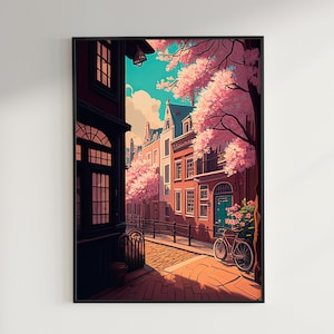 Amsterdam Ghibli wall art, Vintage, retro, spring blossom, watercolor nature painting - Digital Download / Poster / Print / Art