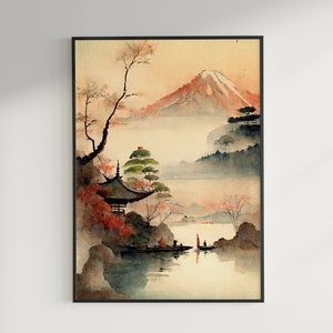 Japanese wall art, Vintage, retro, Water color, Japanese nature painting - Digital Download / Poster / Print / Art