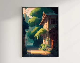 Ghibli Stil Landschaft Kunstdruck, Vintage Japanische Straße (Digitaler Download)
