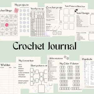 Puede incluir: Un diario de ganchillo con páginas para el seguimiento de proyectos, bocetos de patrones y paletas de colores. Incluye secciones para resúmenes anuales y un juego de bingo de ganchillo. El título "Crochet Journal" se muestra.