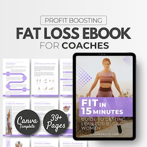 Pode incluir: Uma capa de ebook digital com um design roxo e branco. A capa apresenta uma mulher com um top esportivo rosa e leggings pretos pulando no ar. O texto na capa diz "Fit in 15 Minutes: Guide to Getting Lean for Busy Women".