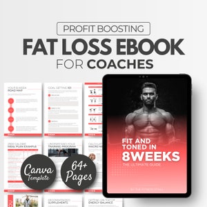Op de afbeelding: Een digitale ebook-omslag met een rood-wit kleurenschema. De omslag toont een gespierde man en de tekst "Fit and Toned in 8 Weeks: The Ultimate Guide". Het ebook is getiteld "Fat Loss Ebook for Coaches" en bevat de tekst "64+ Pages".