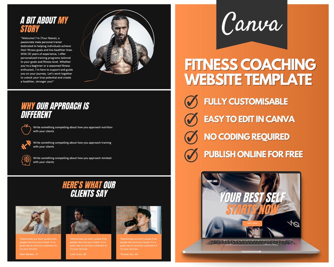 Fitness Coach Website Template, Personal Trainer, Canva Website Fitness Coach Website Template, Personal Trainer, Canva Website