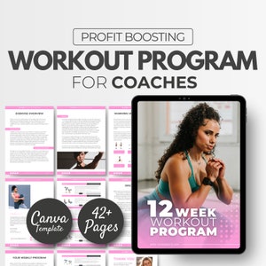 May include: A pink and white digital tablet displaying a 12-week workout program for coaches. The tablet is surrounded by pages of a workout program with the text "42+ Pages" and "Canva Template".