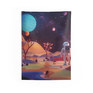 Tapiz de pared de astronauta de dibujos animados en planeta alienígena, decoración caprichosa del explorador espacial, colgante de aventura interplanetaria