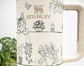 Laser Engraved Stanley 40oz Travel Tumbler With Handle ~ Adorable Cute Kitten Cat House Plants Garden ~ Gift For Her Him~ Mother's Day Gift
