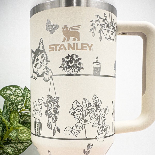 Laser Engraved Stanley 40oz Travel Tumbler With Handle ~ Adorable Cute Kitten Cat House Plants Garden ~ Gift For Her Him~ Mother's Day Gift