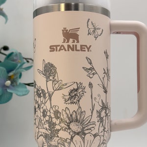 Laser Engraved Stanley 30 oz Travel Tumbler With Handle ~ Seamless Full Wrap ~ Summer Garden Flower Floral Butterfly ~ Gift For Her Mom