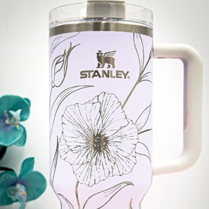 Stanley 40oz Travel Tumbler With Handle ~ Full Floral Wrap ~ Laser Engraved ~ Stunning Iris/Floral/Flower Design ~ Flowstate H2.0 Quencher
