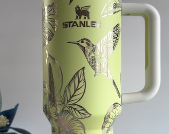Laser Engraved Stanley 40oz Travel Tumbler With Handle ~ Tropical Hibiscus Hummingbird Flower Floral Wrap~ Gift For Her Mom ~ Mother's Day