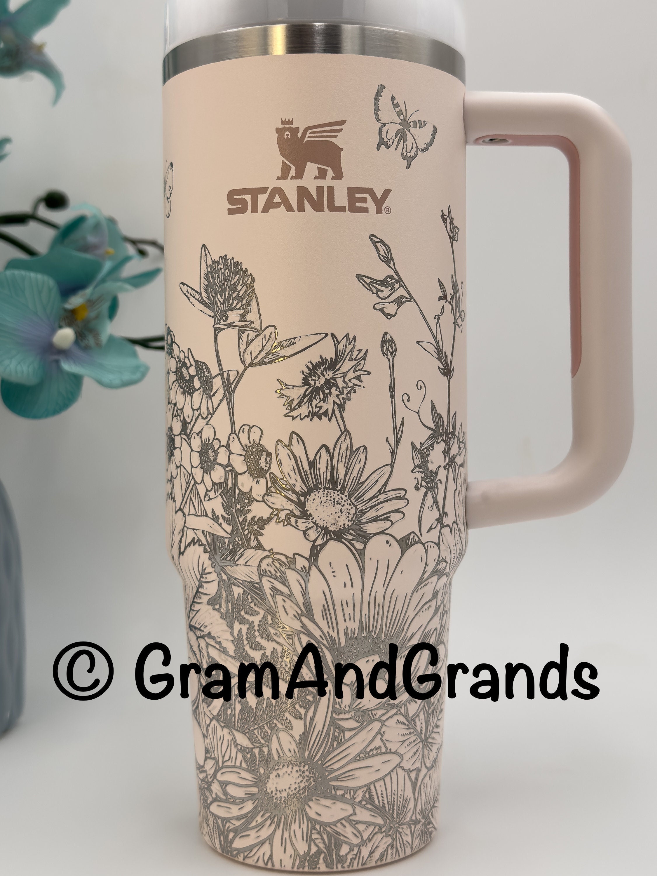 Laser Engraved Stanley 30 oz Travel Tumbler With Handle ~ Seamless Full Wrap ~ Summer Garden Flower Floral Butterfly ~ Gift For Her Mom