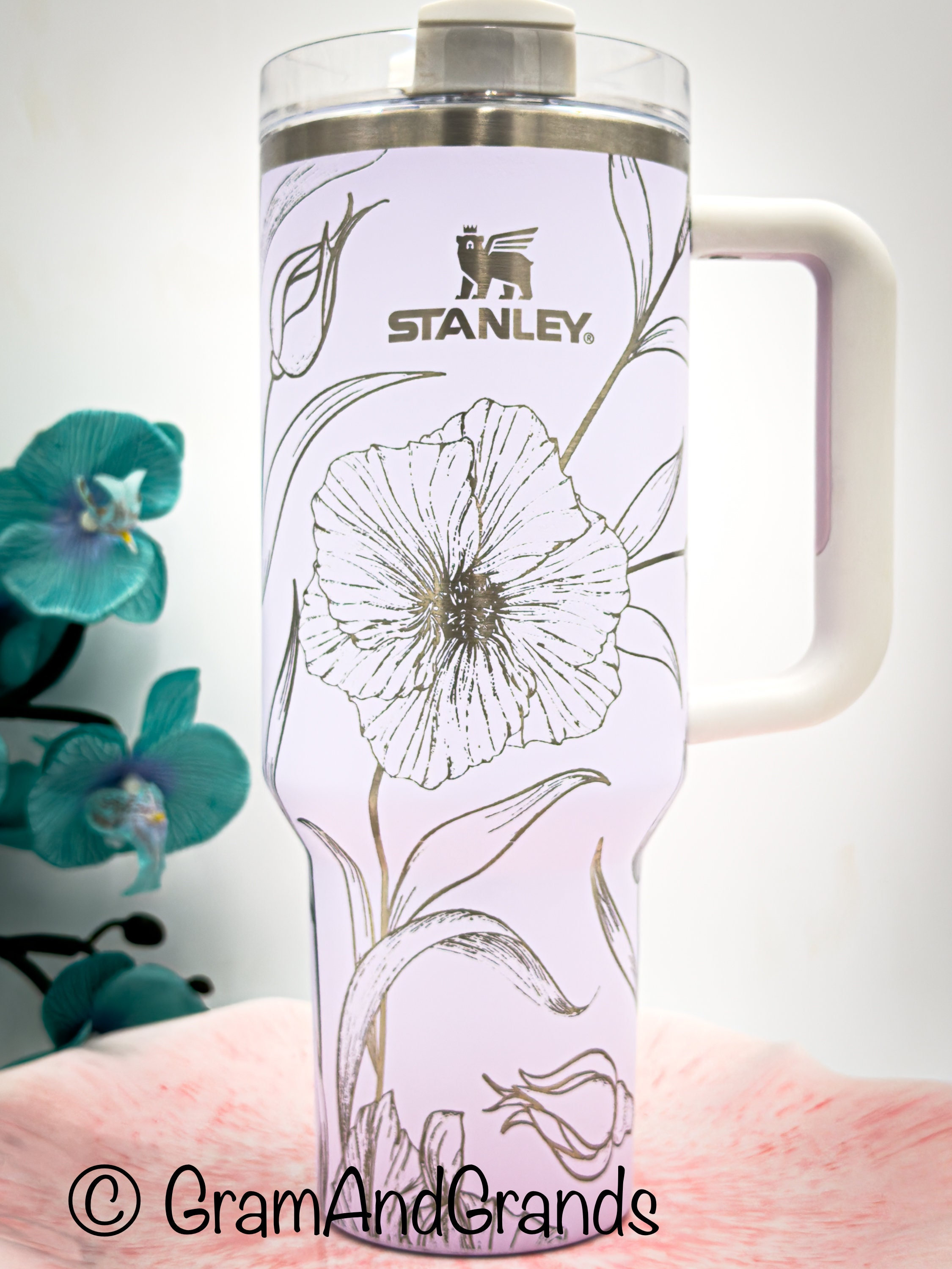 Stanley 40oz Travel Tumbler With Handle Full Floral Wrap Laser Engraved  Butterfly/floral/ Design Flowstate H2.0 Quencher 