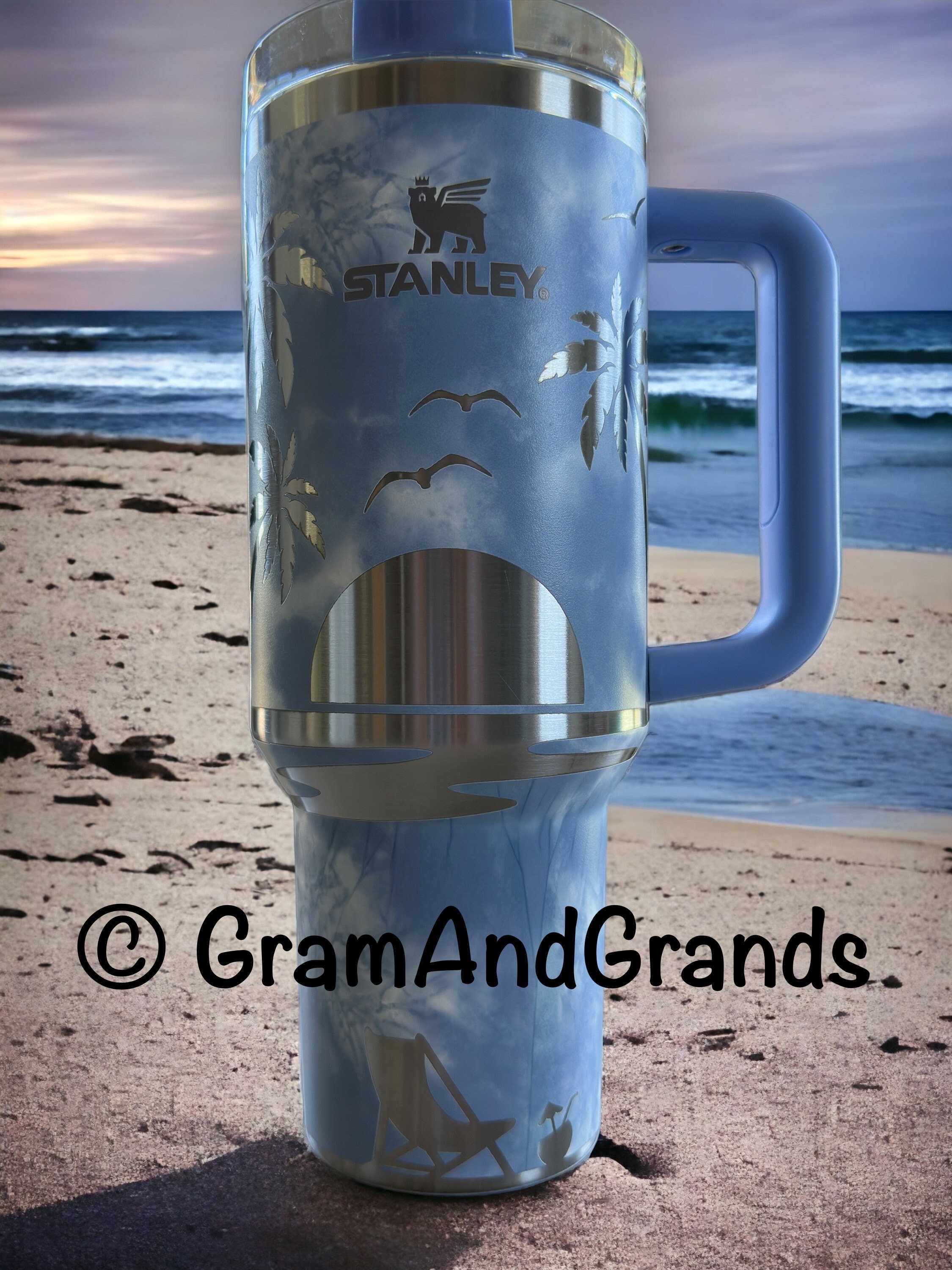 Laser Engraved Stanley 40oz Tumbler With Handle Beach Palm Tree