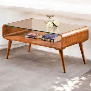 再生チーク無垢材を使用したミッドセンチュリースタイルのコーヒーテーブル（ガラス天板付き）
