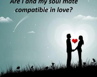 May include: Silhouette of a couple holding hands with a red heart between them against a blue sky with clouds. The text "Are I and my soul mate compatible in love?" is at the top of the image.