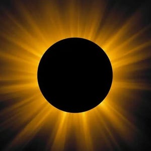 Pode incluir: Um eclipse solar com um círculo escuro no centro e raios amarelos brilhantes irradiando para fora.