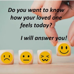 May include: A hand points to a yellow smiley face block, while four other yellow blocks with different facial expressions are lined up on a wooden surface. The text above reads "Do you want to know how your loved one feels today? I will answer you!"