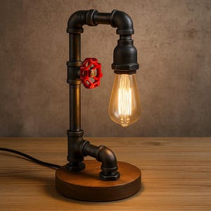 Puede incluir: Lámpara de mesa de estilo industrial hecha de tuberías de metal negro, con una válvula roja y una bombilla Edison vintage. La lámpara se apoya en una base de madera redonda y tiene un cable de alimentación negro. La bombilla mide unos 15 cm de alto.