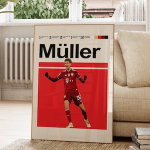 Poster di Thomas Müller, poster del Bayern Monaco, poster di calcio, poster stampabile di Müller, poster digitale di Müller, stile moderno di metà secolo.