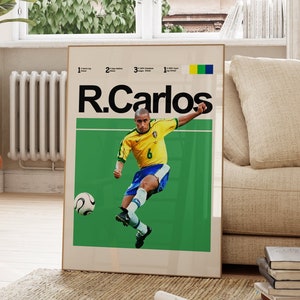 Poster imprimible dibujado a mano de Roberto Carlos leyenda del futbol brasileno ilustracion de futbol arte mural de futbol decoracion deportiva de oficina Etsy Espana