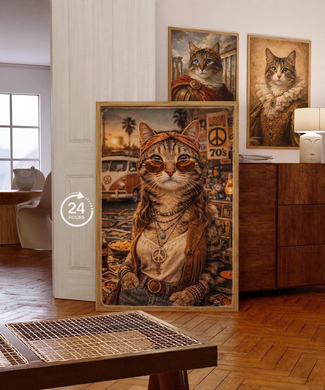 Custom 70s Retro Cat Portrait – Hippie Vintage Pet Wall Art - Digital ...