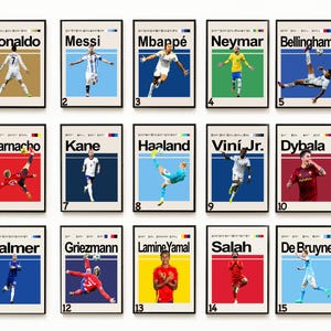 Ronaldo Messi Neymar Mbappé Kane Bellingham Haaland y pósters de leyendas del fútbol. Elige 5 de 150 pósters. Elige cinco pósteres digitales.