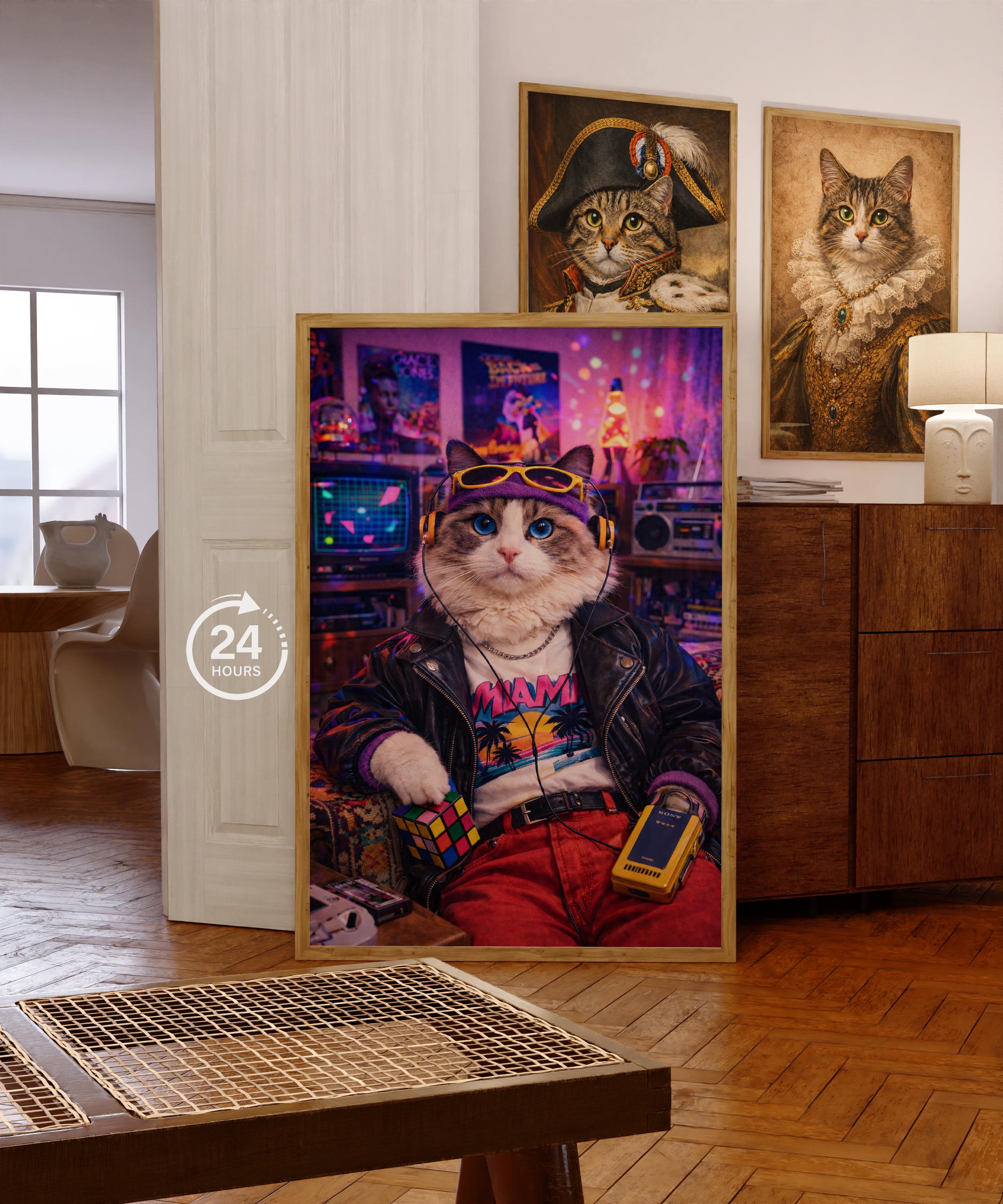 Custom Retro 80s Cat Poster, Neon Vaporwave Style Wall Art - Digital ...