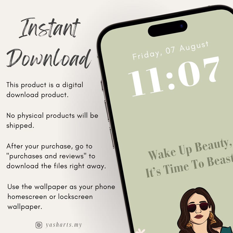 Pu&ograve; includere: Uno schermo di telefono verde con un orologio digitale bianco che mostra "11:07" e il testo "Venerd&igrave;, 07 agosto". Lo schermo presenta anche il testo "Wake Up Beauty, It's Time To Beast" e un'illustrazione di cartone animato di una donna con occhiali da sole e orecchini d'oro.