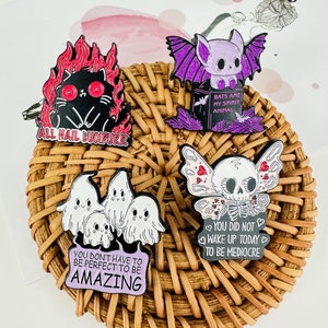 Eerie Encouragements Enamel Pin Collection – Spooky Animals with Heartening Messages – For Friends Needing a Boost