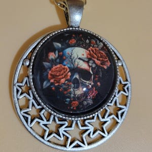 Skull with Roses Silver Pendant with Stars Glass Cabochon Necklace