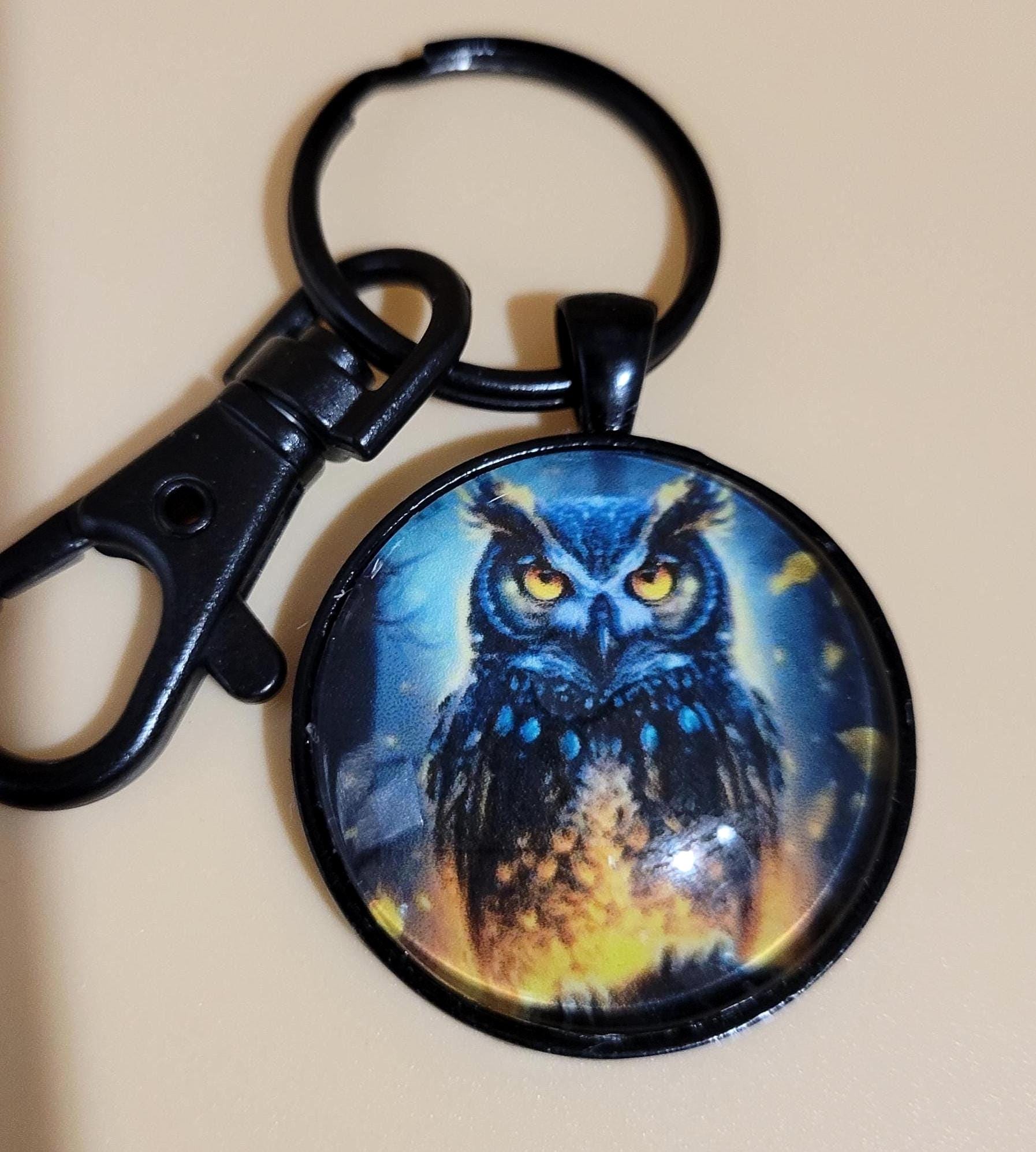 Blue Owl Glass Cabochon Keychain