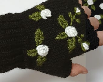 FOR A CUSTOM, Fingerless Gloves, Black Mittens,  Embroidered Gloves