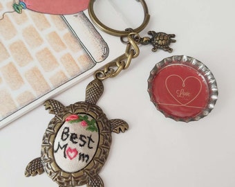 Cute animal key chain - trendy turtle chain - Mother's Day gift - embroidered keychain- pretty gift for her - bronze key chain -turtle charm