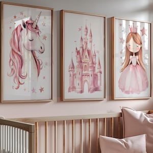 Princess Unicorn Wall Art Set - Conjunto de 3 impresiones digitales de vivero de unicornios, decoración de habitaciones para niñas, arte mágico de cuento de hadas, carteles de unicornios