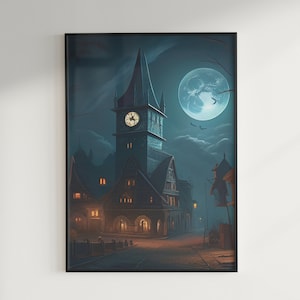 A clock tower looming over a small village