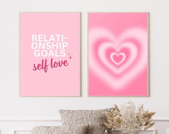 Pink Trendy Prints, Self Love Print, Affirmation Poster,Aura Gradient Poster, Pink Hearts, Preppy Print, Pink decor, Aesthetic DIGITAL Print