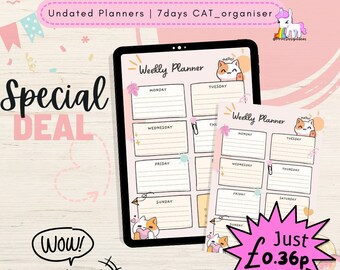 Planner settimanale stampabile con gatti: organizer kawaii con paesaggio (download digitale)