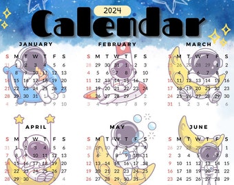 Calendario spaziale Kawaii 2024, grazioso planner mensile (download digitale)