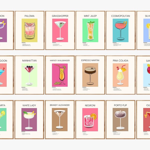 Cocktail Print Set of 18, Cocktail Wall, Alcohol Prints, Bar Wall Art Poster, Drinks Wall Decor, Bar Cart Art Set, Cocktail Prints Retro