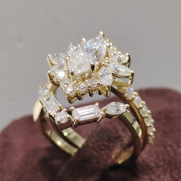 Anillo de compromiso vintage de marquesa, anillo de moissanita con banda baguette, anillo de novia hecho a mano, anillo de regalo para boda y aniversario.