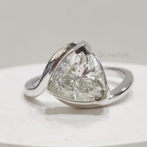 Handmade Trillion Moissanite Engagement Ring: 14K White Gold Crossover Band