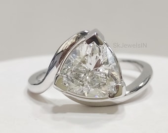 Trillion Cut Moissanite Ring, Unique Triangle Engagement Ring, Modern Bypass Setting, White Gold Solitaire, Geometric Wedding Ring for Her
